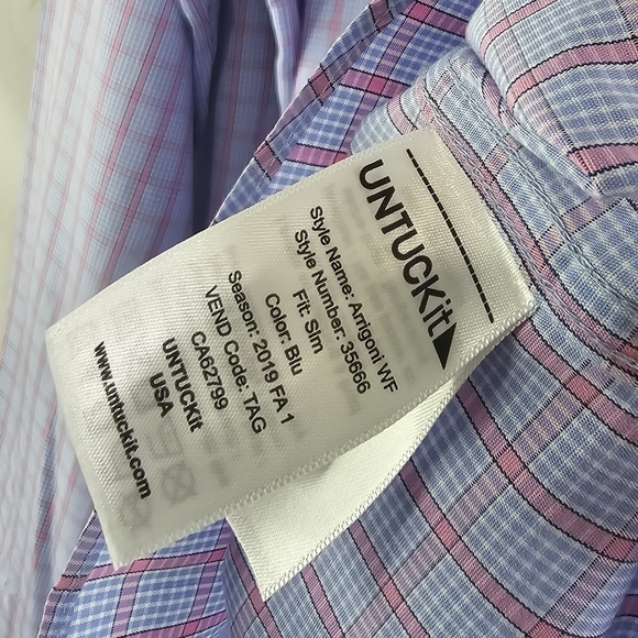 Untuckit Shirt Mens XXL 2XL Blue Plaid Button Up Arrigoni Wrinkle Free Slim Fit - Picture 11 of 15